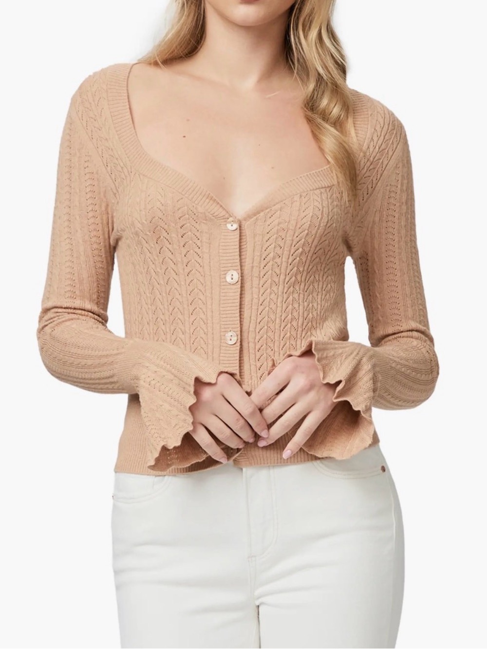 PAIGE Alvida Pointelle Cardigan S Camel Organic Cotton Silk Blend Flare Cuff